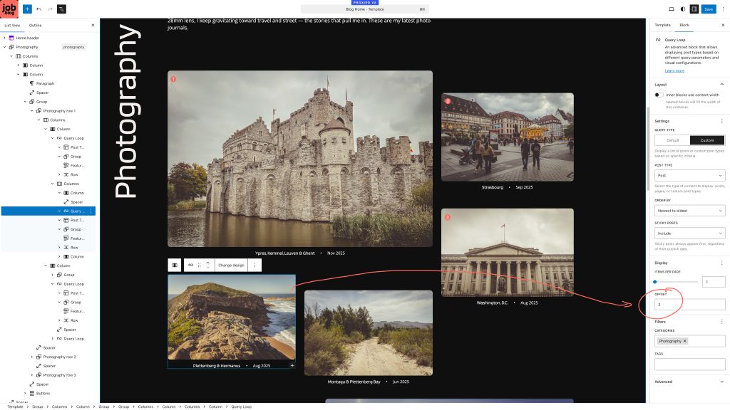A website layout preview featuring a photography section with four images: a castle, a cityscape, and two landscapes, each labeled with locations and dates.
