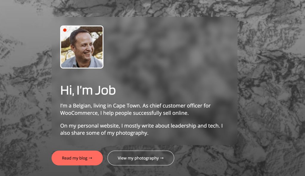 Personal introduction section featuring a smiling man named Job, from Belgium, living in Cape Town, sharing information about his professional background and personal website.