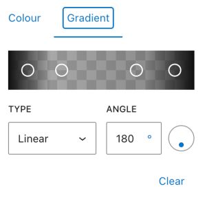 User interface for a gradient selection tool, featuring options for color, type (linear), angle, and a clear button.